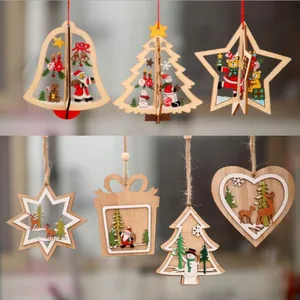Wooden Hanging Star Heart Tree Bell Pendant Decoration for Christmas Party Decoration thumbnail-1