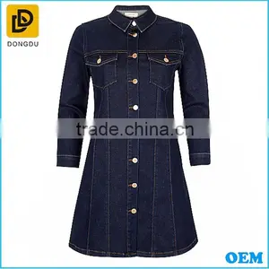 OEM Western Style Lady Long Sleeve Dark Blue Denim Button Up Thick Shift Cotton Winter Dress thumbnail-4