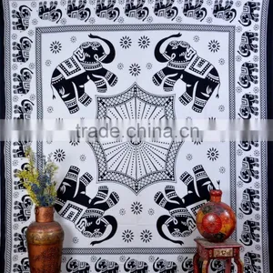 Indian Tapestry Cotton Black-White Mandala Elephants Vintage Wall Hanging Tapestries Throw Bedsheet thumbnail-1
