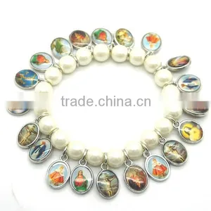 Glass Beads Bracelet With Small Religious Medals Double Sides 8mm White Beads thumbnail-1