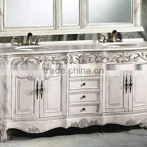 Retro Classic Bathroom Furniture Vanity With Double Sink, Vintage Sanitary Ware Carved Wooden Bathroom Cabinet With Marble Top thumbnail-1