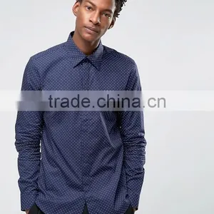 High Quality Long Sleeve Spread Collar Mens Pre-Shrunk 100% Cotton Breathable Slim Fit Casual Navy Point Printed Dress Shirts thumbnail-1