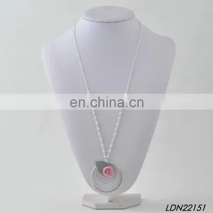 Beautiful Sterling Silver Concentric Circle Flower and Leaf Pendant Fashion Long Charm Geometric Necklace thumbnail-2