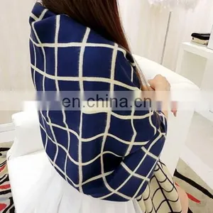 Double Sides Grid Ivory Blue Faux Wool Women Fashion Tartan thumbnail-5