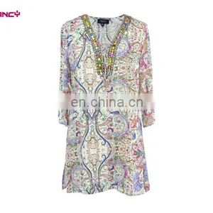 Elegant Women Tile Print Fashion Beaded Neck Tunic Design for Women Over 50 thumbnail-1