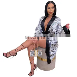 Us Money Dollar Print Fashion Maxi Open Stitch Women Autumn Deep V Neck Long Sleeve Cardigan Vintage Fall Female Party Outerwear thumbnail-2