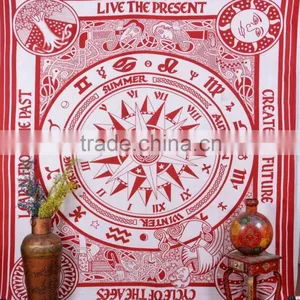 Indian Tapestry Cotton Red Compass Zodiac Print Vintage Wall Hanging Tapestries Throw Bedsheet thumbnail-1