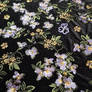 XF6069 Chinese Style Green Plants Embroidered Velvet Fabric Sequined thumbnail-3