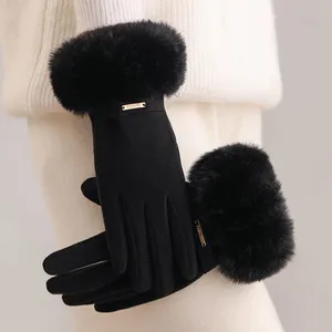 Elegant Winter Gloves Plush Faux Fur Trim Decorative Metal Label Soft Lining Daily Wear Winter Gloves thumbnail-4