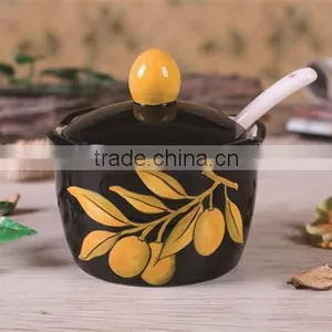 Black Ceramic Sugar Bowl With Lid and Spoon for Kitchen thumbnail-1