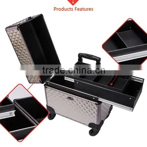 2016 Professional Portable Aluminum Trolley Makeup Case With Pull Strips Compartments Universal Wheel thumbnail-4