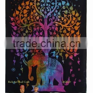 Indian Elephant Tree of Life Tapestry Wall Hanging Cotton Twin Bedspread Wholesale Indian Tapestries thumbnail-1