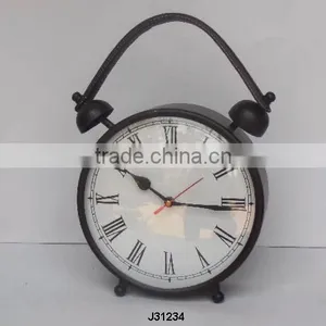 Vintage Style Metal Table Clock With Leather Handle thumbnail-1