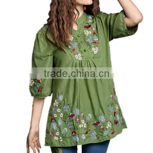 Wholesale Ladies Tops Cheap Price Half Sleeves Mature Linen and Cotton Ladies Embroidered Blouse thumbnail-5