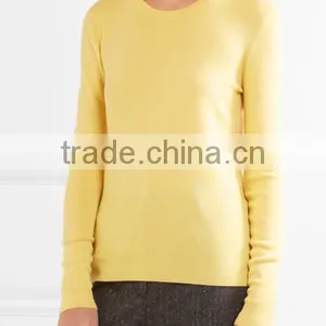Hot Sale Crew Neck Bright Yellow Silk Blended Cashmere Sweater Women thumbnail-2