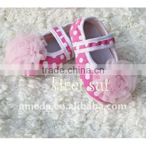 Girl Baby Pink White Polka Dots Crib Shoes With Light Pink Rosettes GSM606 thumbnail-1