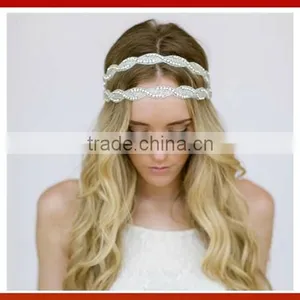 Bride Gold Crystal Beads Hair Band Elastic Headband Headmade Crystal Glass Beads Hair Band Girl Bridal Pearls Beads thumbnail-2