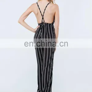 2015 Stripe Down Plunging Summer Women Jumpsuit thumbnail-4