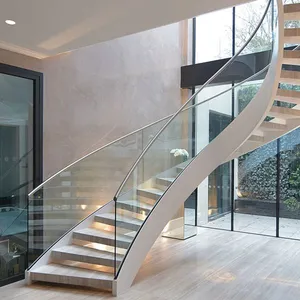 Best Selling Curved Glass Staircase With Solid Oak Wood Treads / Indoor Wood Staircase thumbnail-3