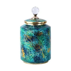 European Classic Style Green Leaf Painting Ceramic Flower Vase With Crystal Lid For Hallway Decoration thumbnail-1