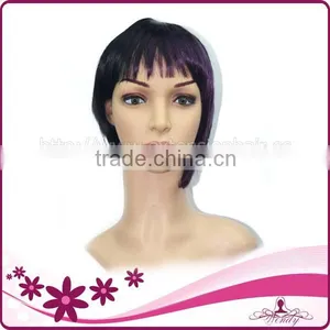 Factory Wholesale MOQ 1 PC One Purple Streak in Black Hair Short Wigs With Bangs Synthetic Wig thumbnail-1