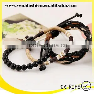 Wood Bead Custom Leather Braided Bracelet, Leather Beaded Wrap Bracelets Quality Choice thumbnail-2