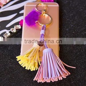Charm Mink Fur Ball Leather Tassel Handbag Cell Phone Car Keychain thumbnail-3