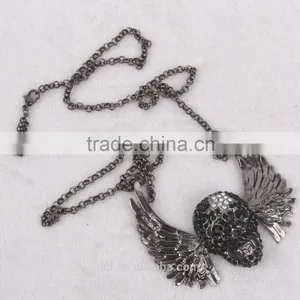 Hiphop Jewelry Halloween Necklace Punk Skull Pendant With Wings Sweater Chain Black Chrome Plated 2015 New Made in China Yiwu thumbnail-1