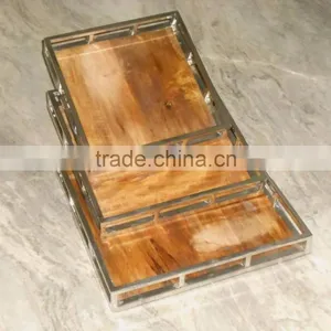 STAINLESS STEEL METAL SERVING TRAYS WITH WOODEN BASE thumbnail-1
