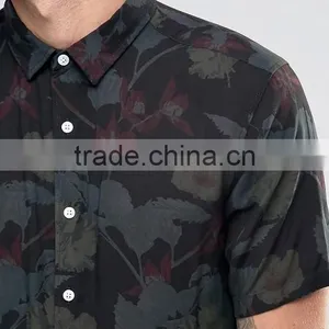 Guangzhou High Quality Custom Short Sleeve Point Collar Mens 100% Cotton Dobby Casual Printed Pattern Shirts thumbnail-3