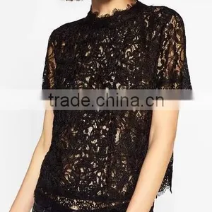 Runwaylover EY2368B Hot Sale 2017 Ladies Hollow Out Shrt Sleeve Lace T-Shirts thumbnail-4