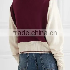 V-Neck Burgandy and Ivory Color Combination Women's Cashmere Sweater in Raglan Sleeves Design thumbnail-3