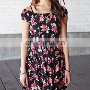 CHEFON Short Sleeve off Shoulder Allover Rose Print Tiered Women Smock Dress thumbnail-1