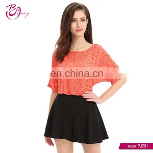 New Fashion Short Sleeve Simple Red Sexy Lace Blouse Designs thumbnail-1