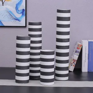 Black And White Stripe Cylinder Brush Pot Nordic Style Ceramic Vase Storage Canister Decoration thumbnail-1