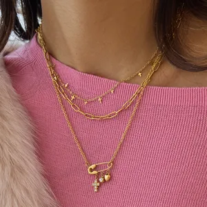 Gold Plated Safety Pin Pendant Necklace for Women Key Lock Cross Charm Necklace Stainless Steel Chain Jewelry Gift thumbnail-3