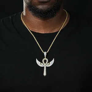 Shining Star Jewelry Vvs Moisasnite Diamond Wing Ankh Cross Pendant Necklace thumbnail-1