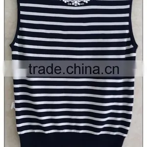 Vintage Stripe Handmade Knitting Wear Crew Neck OL Vest thumbnail-1