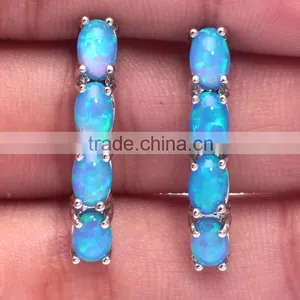 Fashion Created Gemstone 925 Sterling Silver Blue Fire Opal Stud Earring thumbnail-2