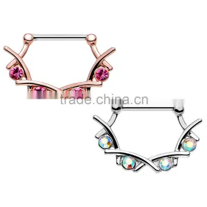 Pink/Aurora Gem Steel Rose Gold Plated Jagged Quartet Nipple Clicker thumbnail-1