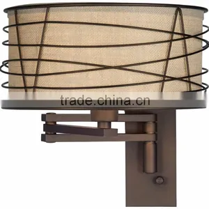 1031-1 Wire Cage Detail Surrounds a Burlap Shade a Rich Bronze Metal Swing Arm Wall Lamp thumbnail-1