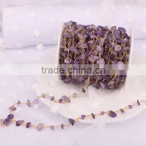 Gold Plated Wire Wrapped Beaded Rosary Chains Amethyst Quartz Stone Beads Jewelry Chain thumbnail-3