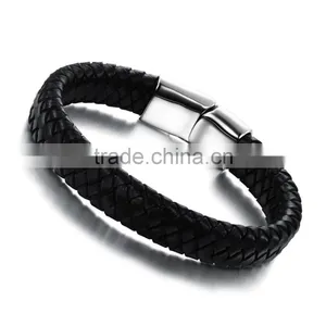 Factory Customized Logo Genuine Mens Leather Bracelet Stainless Steel Bracelet thumbnail-1