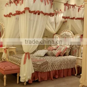European Style Antique Ivory Color and Pink Hand Drawing Children Wooden Carved Girl Princess Bed With Canopy - BF07-70357 thumbnail-2