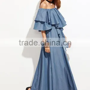 Ladies Ruffled Neck Off The Shoulder Short Sleeve Blue Color Tie Waist Long Maxi Denim Dress thumbnail-3