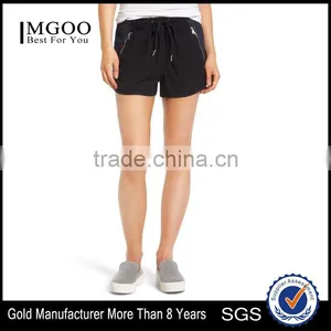 MGOO Hot Sale Women's Drawstring Linen Blend Jogging Pants Black Sport Shorts With Zipper Pockets thumbnail-1