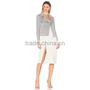 Autumn 2018 Lady Clothing Silver Faux Suede Zip up Motorcycle Jacket thumbnail-4
