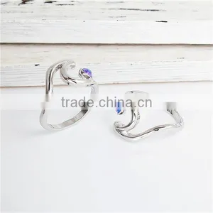 Unadjustable Rings Silver Tone Wave AB Color Blue Rhinestone thumbnail-2