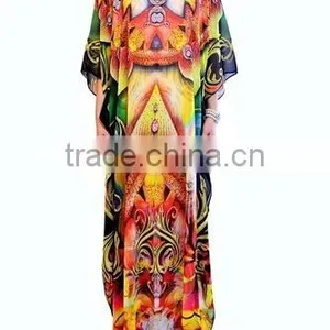 Latest New Digital Print Long Kaftans Colourful Long Digitally Printed Evening Beach Kaftan for Woman Visocse Chiffon Long Dress thumbnail-3