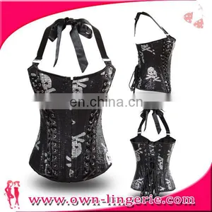 Wholesale Neck Halter Skull Printed Corset Steel Boned Waist Training Corset thumbnail-1